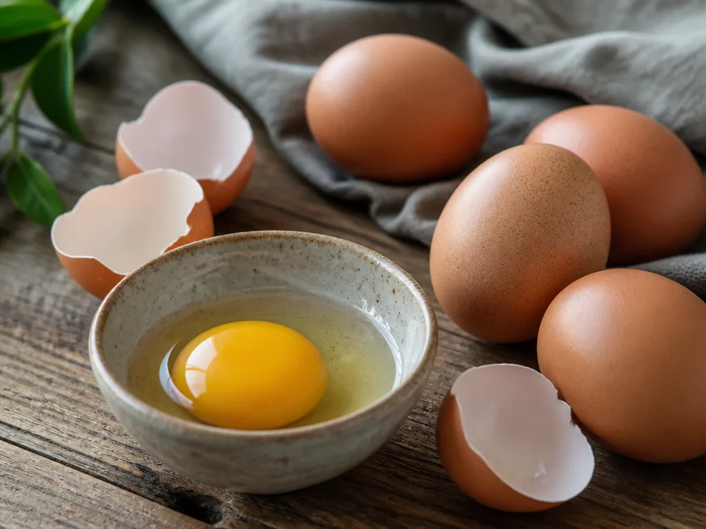 Tre uppknäckta ägg i en vit skål med hela ägg bredvid på ett träbord