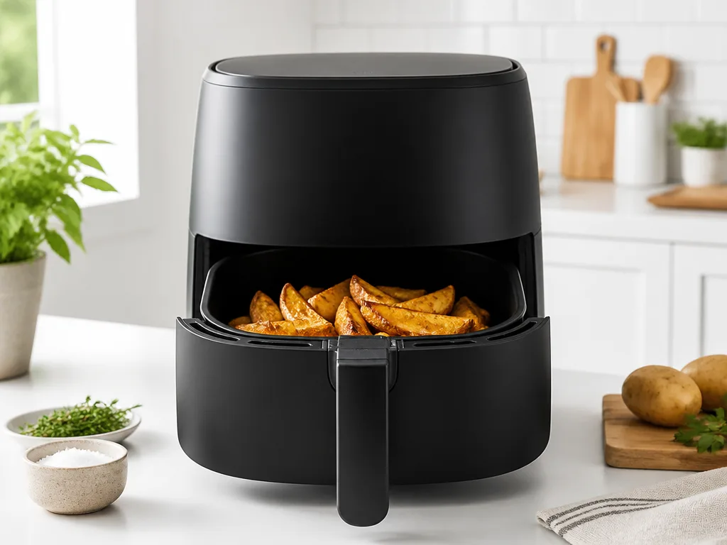 Svart airfryer med två korgar på en köksbänk