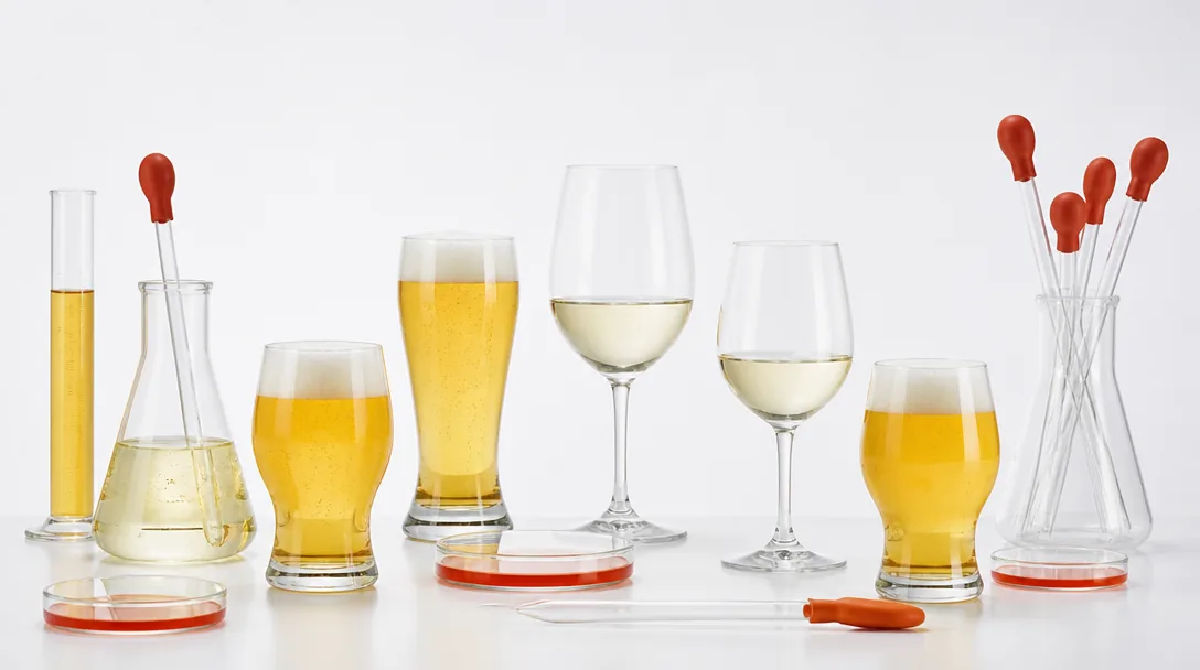 Alkoholfria ölsorter på vit studiobakgrund med klinisk still-life komposition