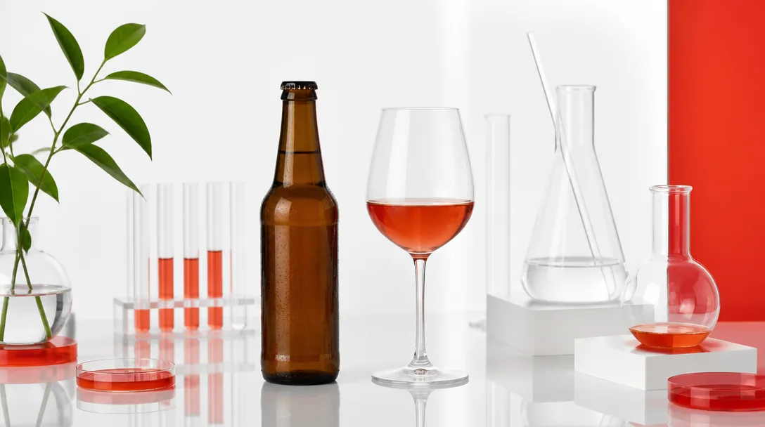 Alkoholfri öl och vinglas på klinisk vit studiobakgrund med vermillion accent för blindtest