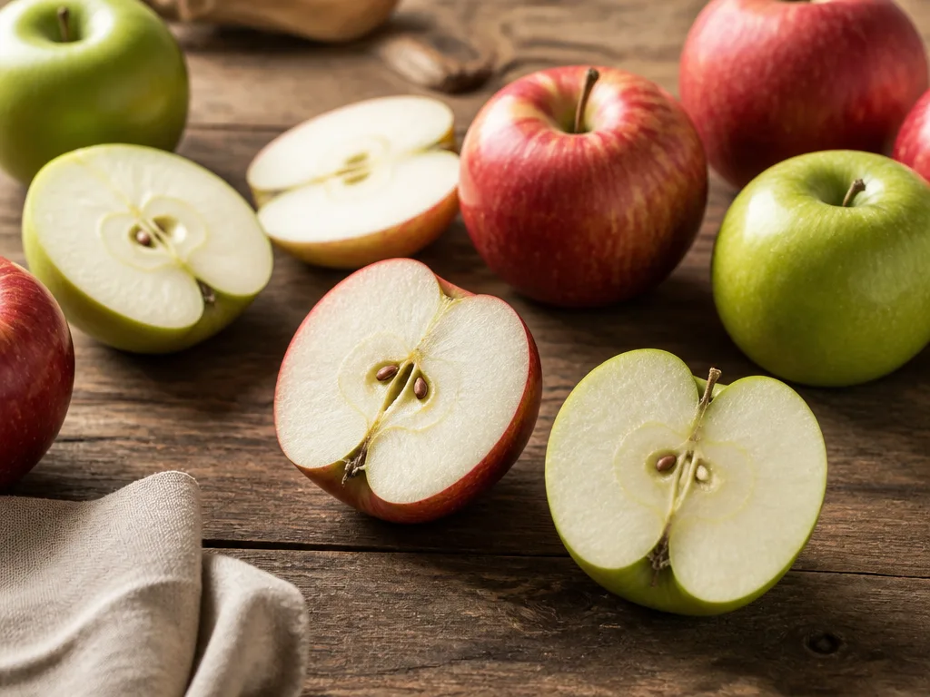 Ett rött äpple skuret i två halvor bredvid hela äpplen på ett träbord