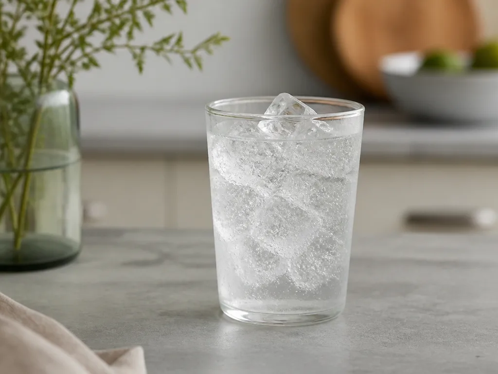 Ett glas läsk med isbitar och kondens på en köksbänk