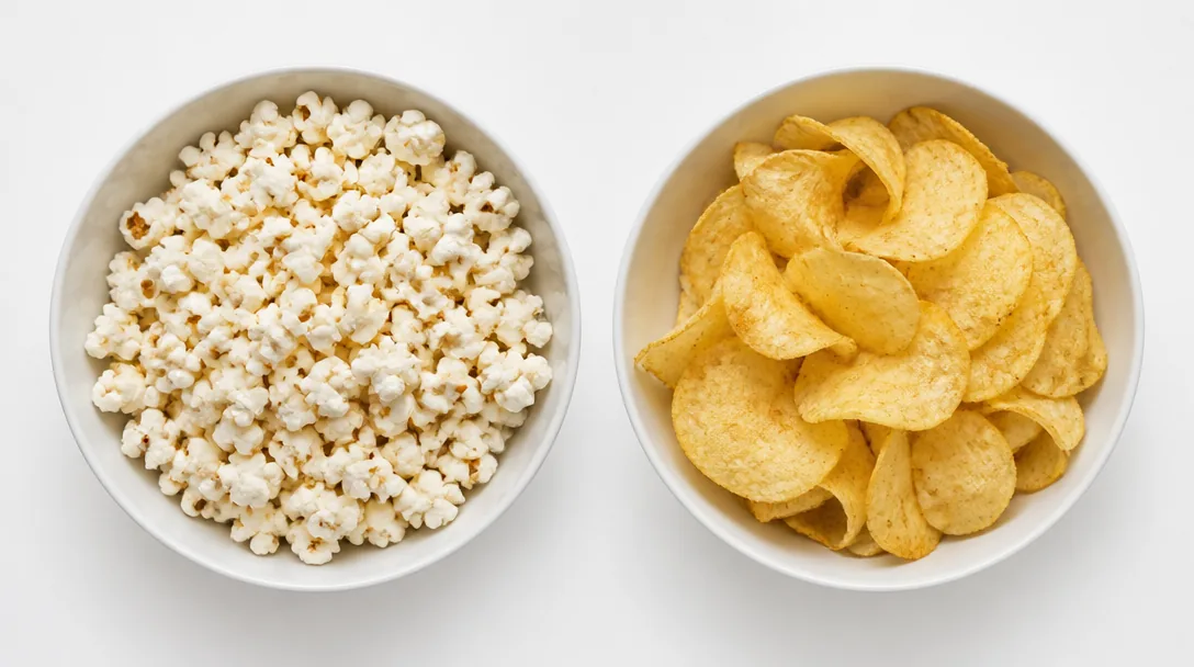 Jämförelse av popcorn och chips i två vita skålar sida vid sida på vit yta, uppifrån-perspektiv
