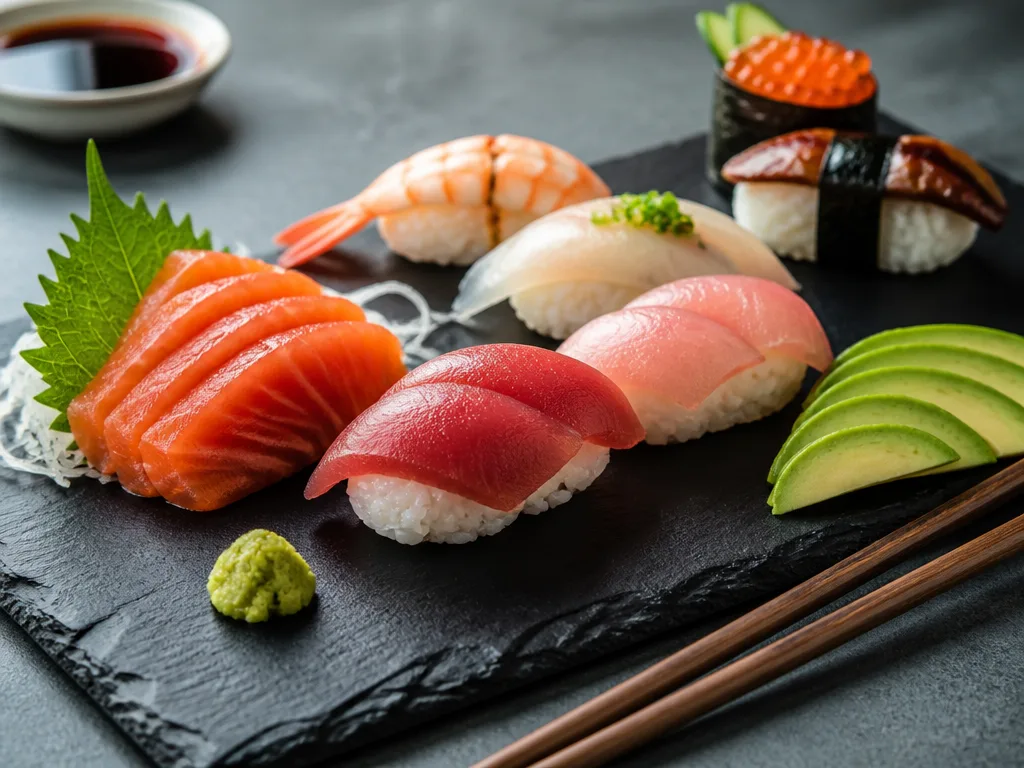 Sashimi och nigiri med lax, avokado och wasabi på en tallrik