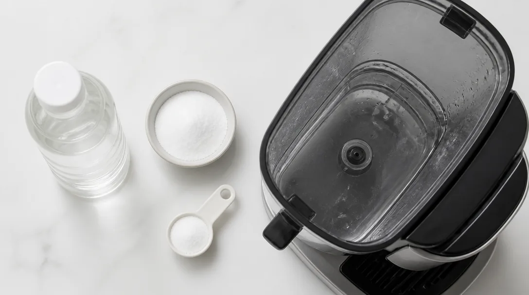 Avkalkningsupplägg med ättikflaska och citronsyra bredvid kaffebryggare på vit yta