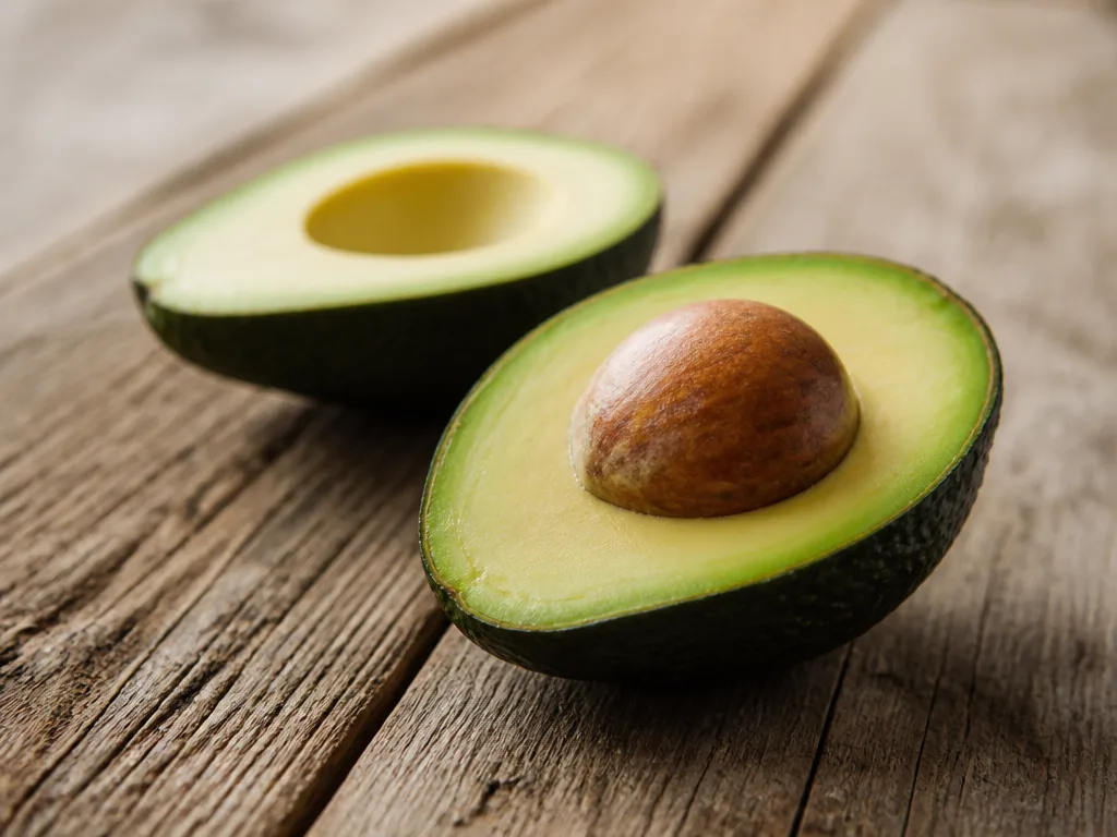 Halverad mogen avokado med kärnan kvar på ett rustikt träbord