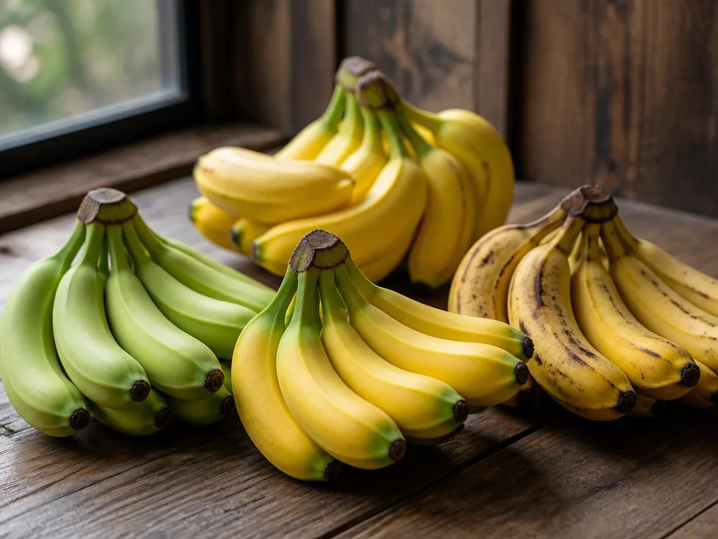 Bananer i olika mognadsgrad på ett träbord