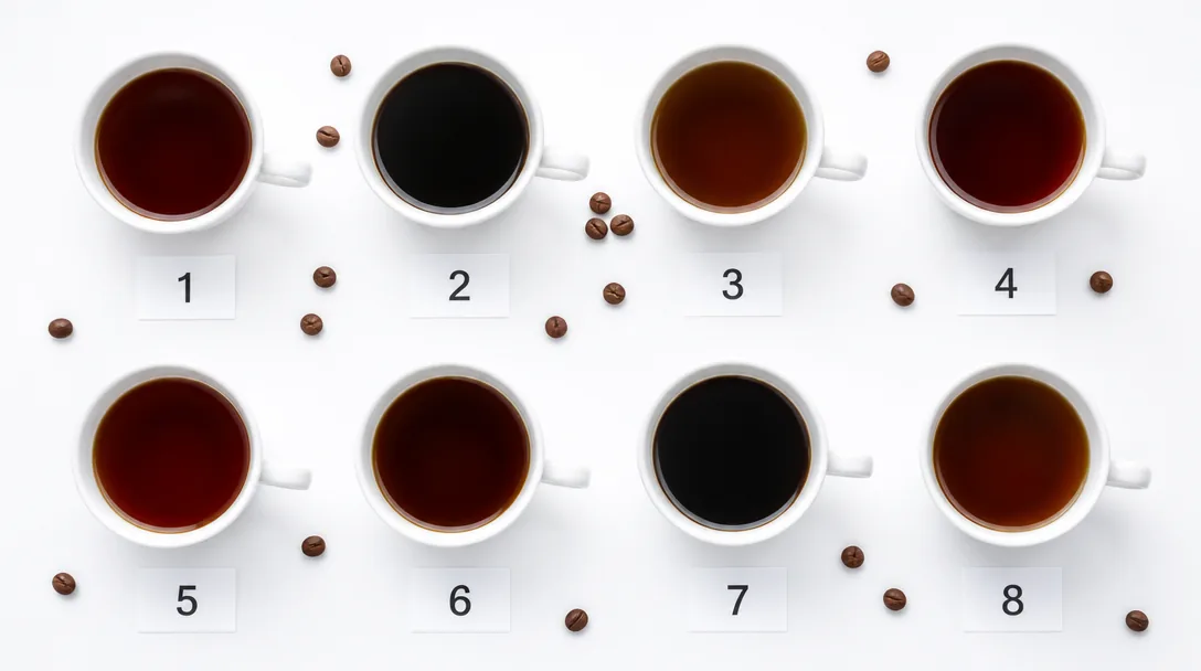 Åtta espressokoppar med olika bryggkaffe i numrerade vita rader för blindtest