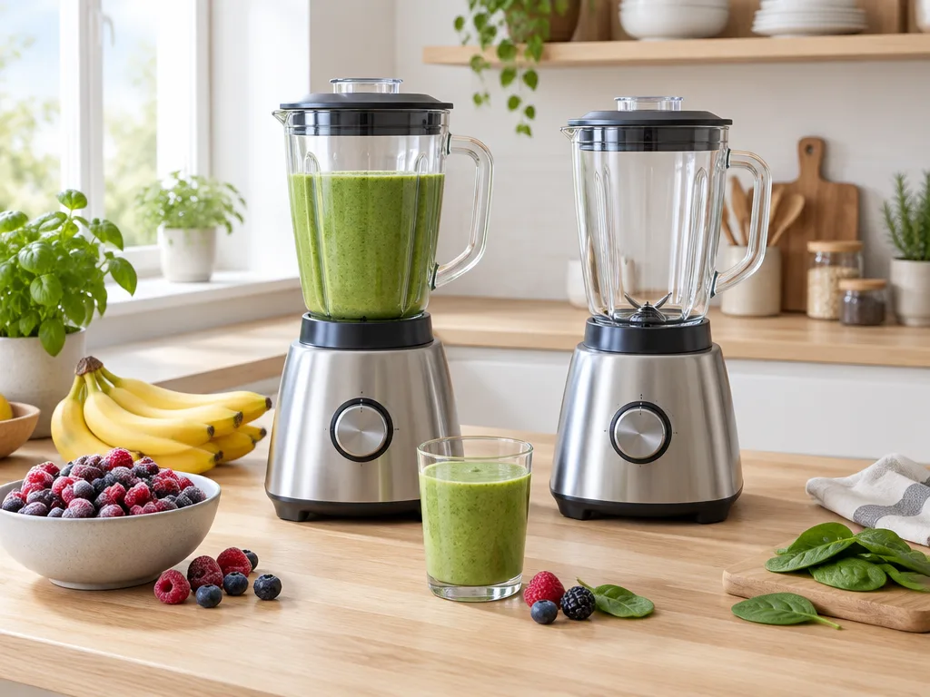 Två blenders i rostfritt stål med glaskannor, den ena fylld med grön smoothie, på en köksbänk av trä med bananer, frysta bär, spenat och ett glas smoothie