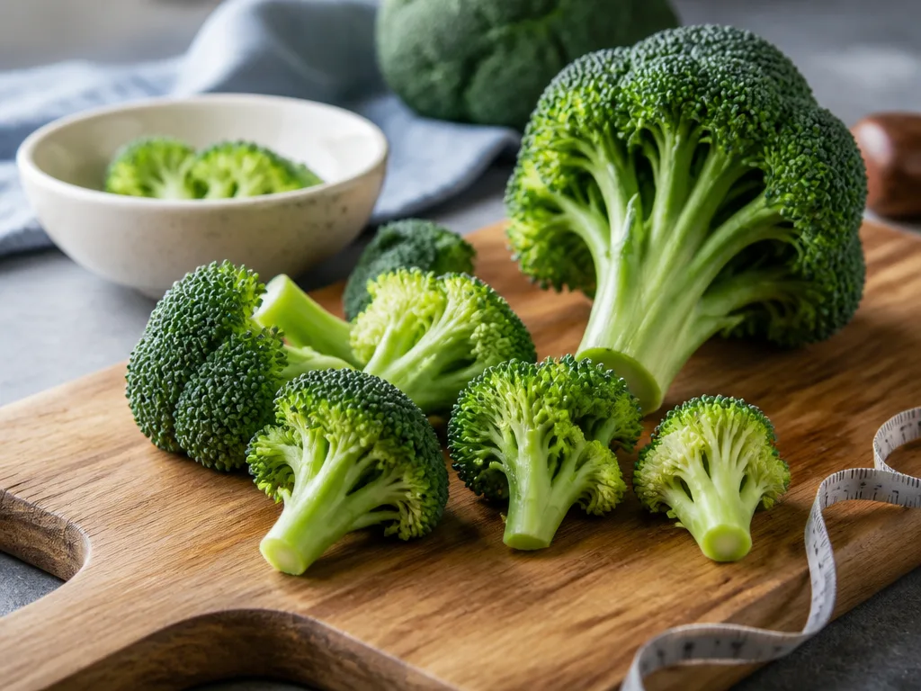 Färska broccolibuketter på en skärbräda i naturligt ljus