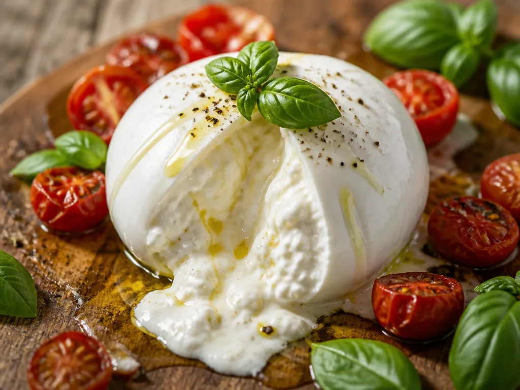 Uppskuren burrata på ett fat med rostade tomater, basilika och olivolja