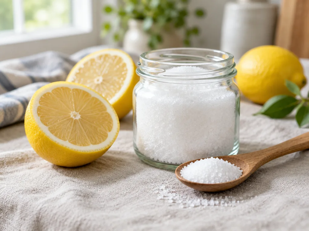 Glasburk med vita citronsyrakristaller och en träsked bredvid halverade citroner på en linneduk