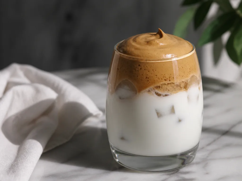 Dalgona kaffe i ett klart glas med tjockt brunt kaffeskum ovanpå kall mjölk och isbitar