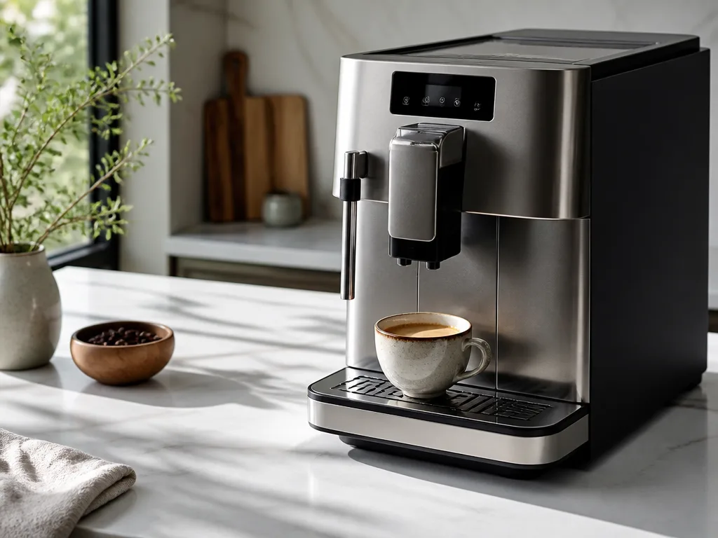 Modern helautomatisk espressomaskin på vit marmorbänk med nydragen espresso i keramikkopp