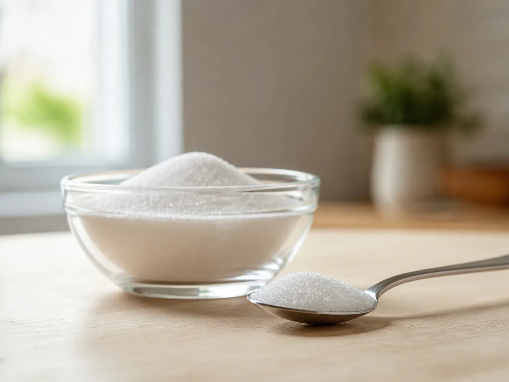 En sked med vitt kristallint sötningsmedel bredvid en liten glasskål med samma pulver på en köksbänk