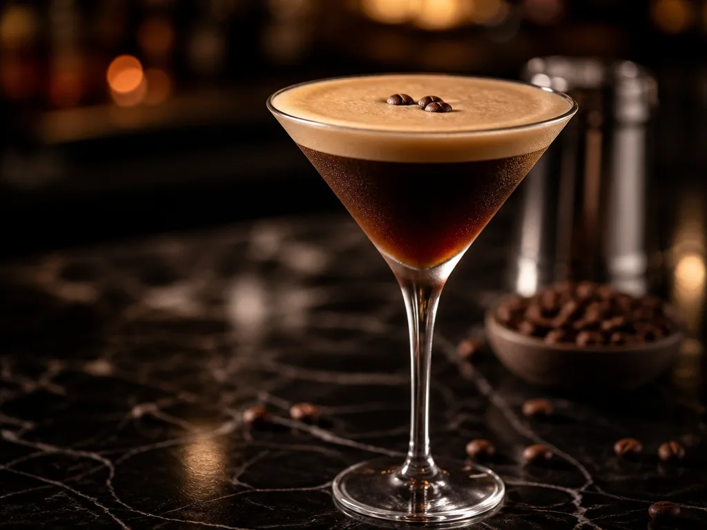 Espresso martini i ett kylt martiniglas med tjockt kaffefärgat skum och tre kaffebönor som garnering