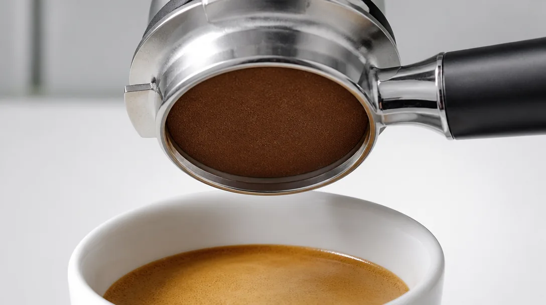 Portafilter korg med perfekt espressopuck och gyllene crema i vit kopp, klinisk vit bakgrund