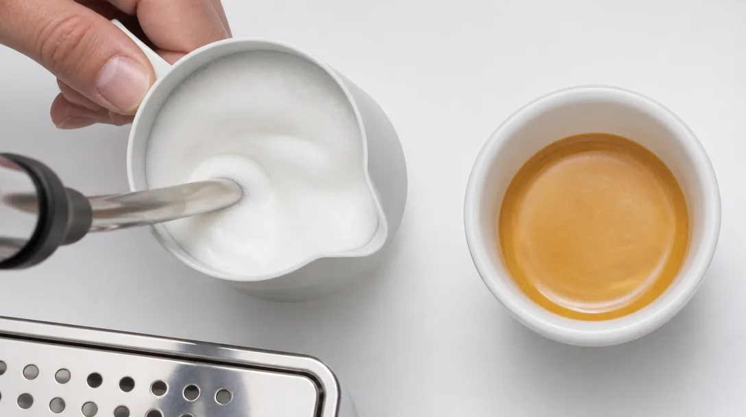 Mjölkskumning i vit kanna med silkig mikroskum bredvid espressokopp, uppifrån-perspektiv, klinisk vit bakgrund