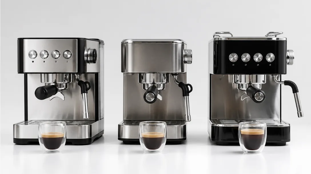 Tre espressomaskiner i rad på vit yta med espressokoppar framför, framifrån-perspektiv