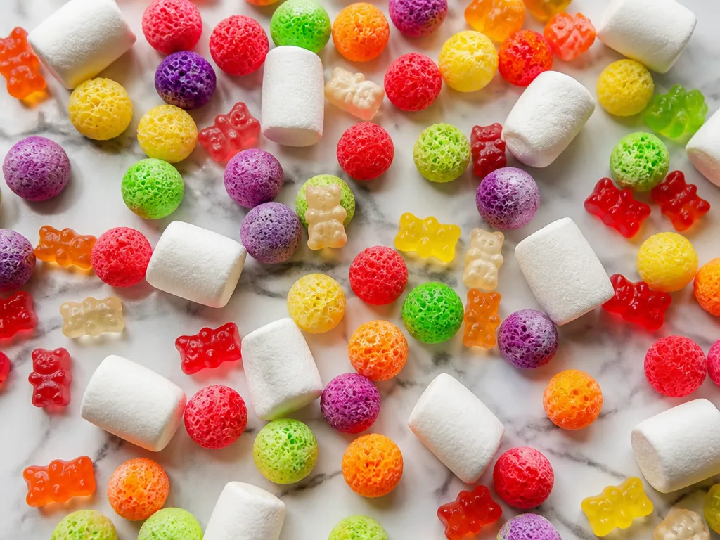 Frystorkat godis i färgglatt sortiment på vit marmor — uppflösta Skittles, knapriga marshmallows och gummidjur i flat-lay