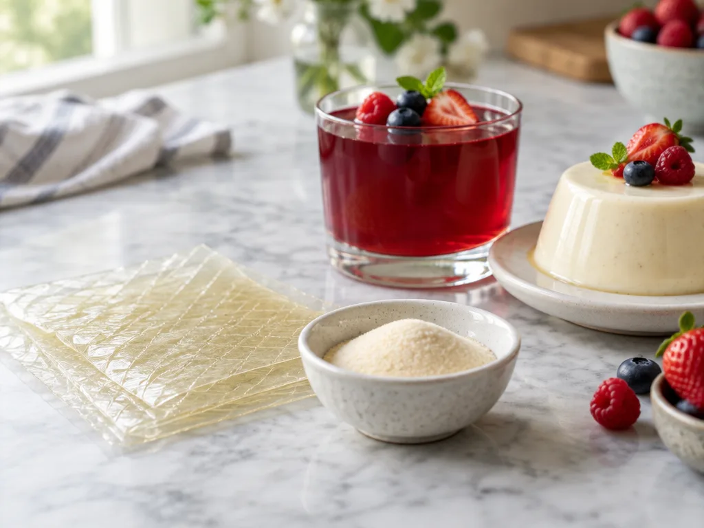 Gelatinblad och en skål gelatinpulver på en marmorbänk bredvid röd bärgelé i glas och en vaniljpannacotta med färska bär