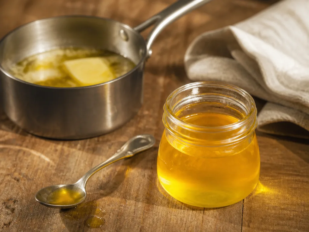 Gyllene klarifierat smörfett (ghee) i en liten glasburk bredvid en sked på ett träbord