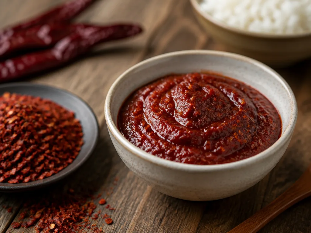 En liten keramikskål med tjock, rödbrun gochujang på ett träbord tillsammans med torkad chili