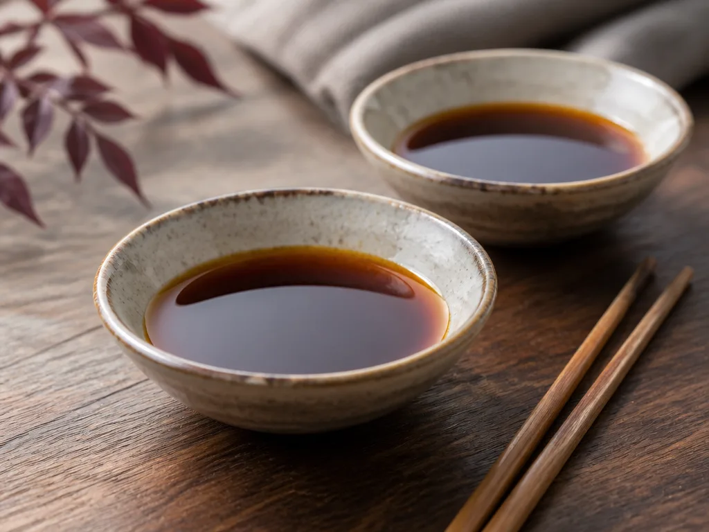 Små keramikskålar med mörk bärnstensfärgad japansk soja på ett träbord med ätpinnar vid sidan