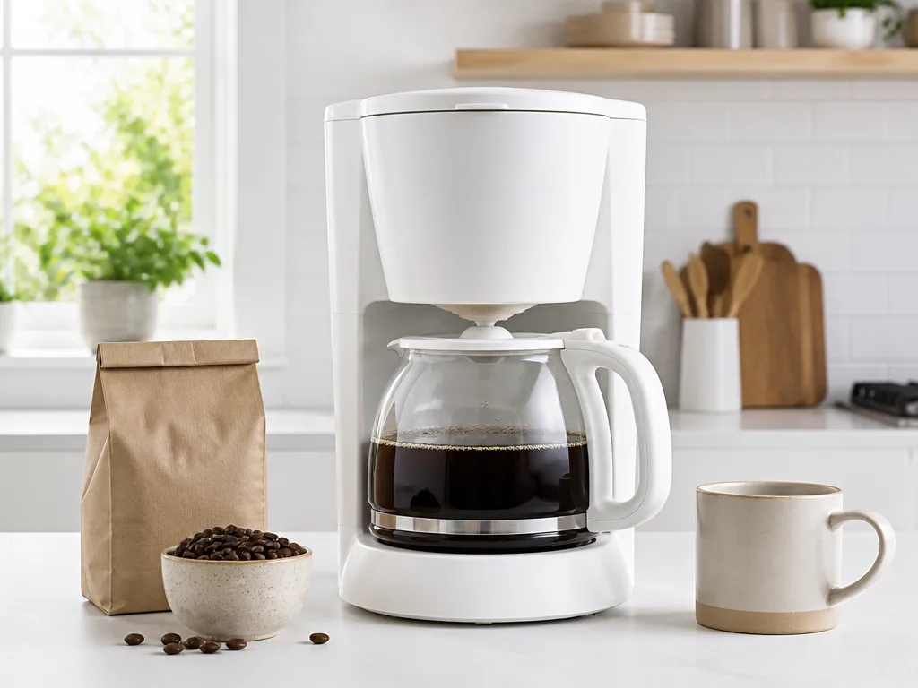 Vit filterkaffebryggare med glaskanna på en köksbänk