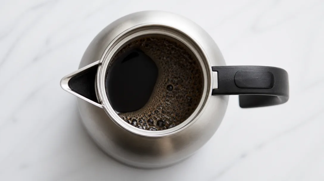 Öppen termoskannel i rostfritt stål med nybryggd kaffe synligt inuti, på vit yta, uppifrån-perspektiv