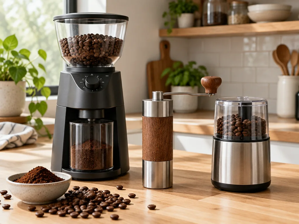 Tre omärkta kaffekvarnar på en köksbänk av trä med kaffebönor: en elektrisk kvarn med bönbehållare, en manuell handkvarn och en liten knivkvarn