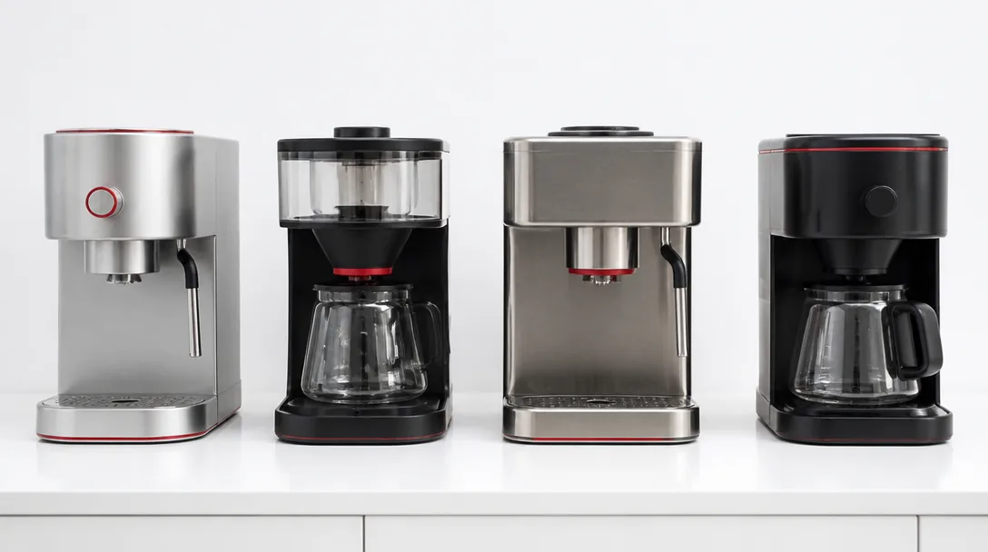 Fyra moderna kaffemaskiner i rad på vit yta, framifrån-perspektiv, test-kitchen stil