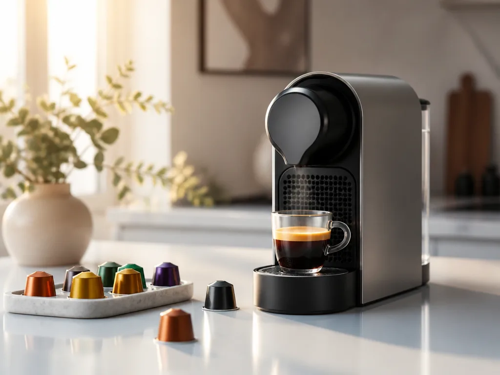 Modern kapselmaskin på köksbänk med kaffekapslar och en kopp espresso med ångpelare