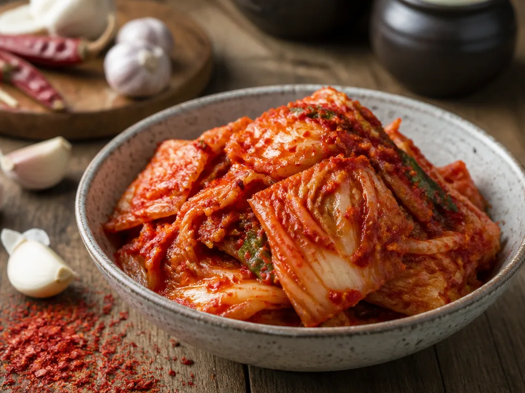 Röd, kryddig kimchi av kinakål i en keramikskål på ett träbord
