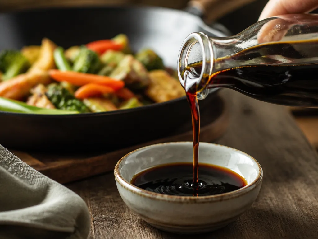 Mörk kinesisk soja hälls från en flaska i en liten skål bredvid en wok med nystekta grönsaker