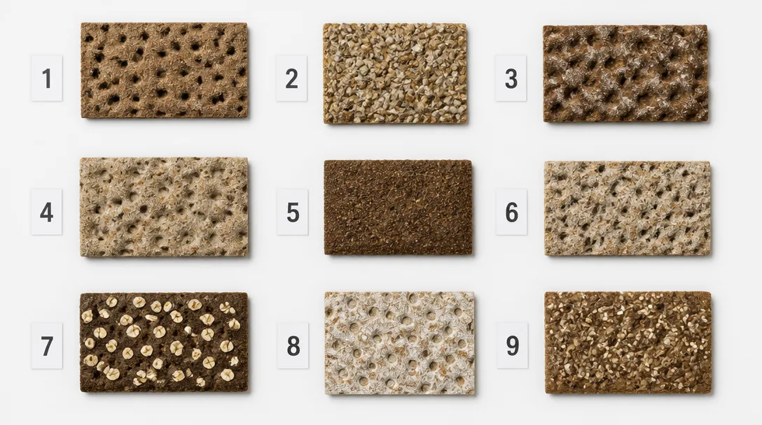 Nio olika sorters knäckebröd arrangerade i ett rutsystem för blindtest