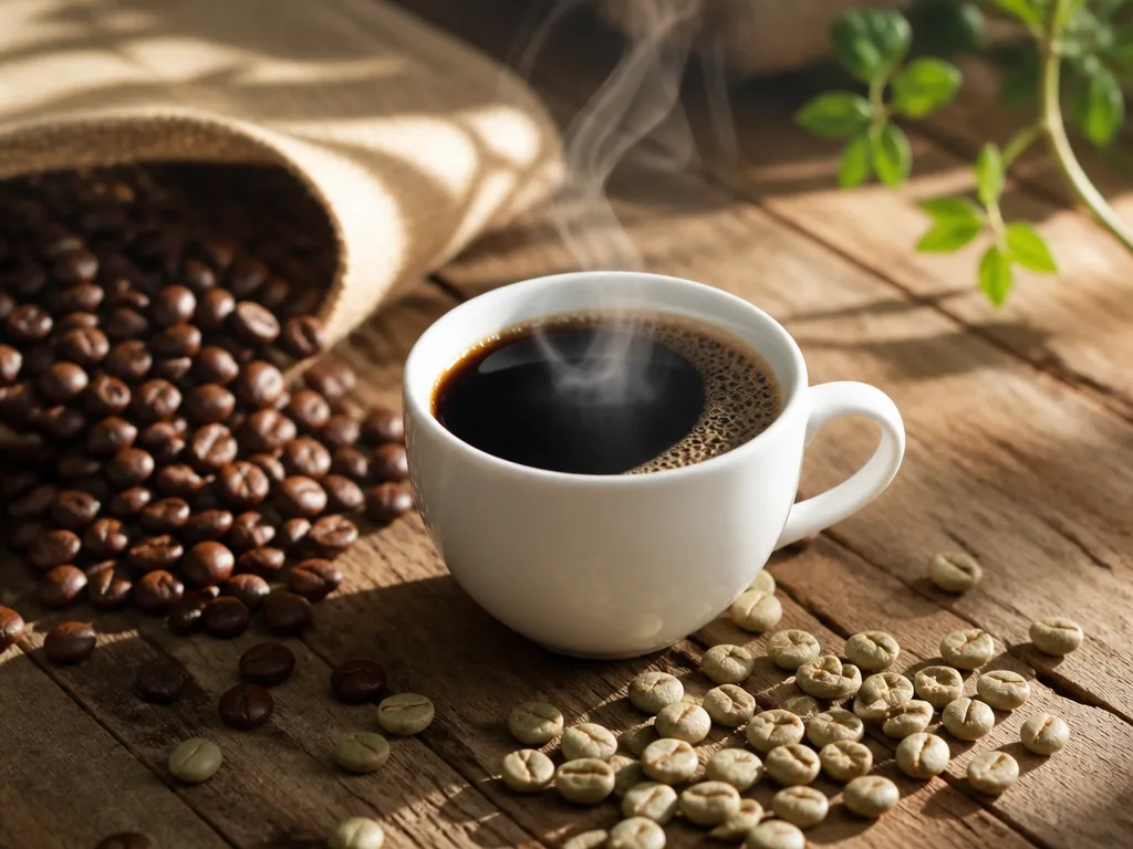 Nybryggt svart koffeinfritt kaffe i vit keramikkopp med kaffebönor på ett rustikt träbord i naturligt morgonljus