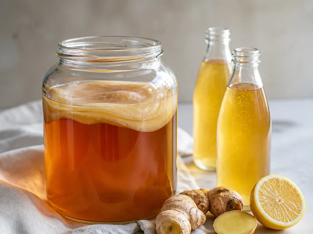 Glasburk med kombucha och scoby-kultur bredvid flaskor med kolsyrad kombucha, ingefära och citronskivor