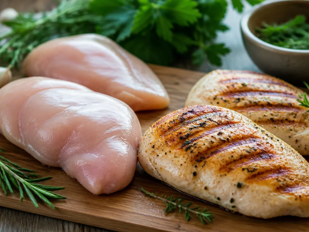 Rå och grillad kycklingfilé på en träskärbräda med färska örter