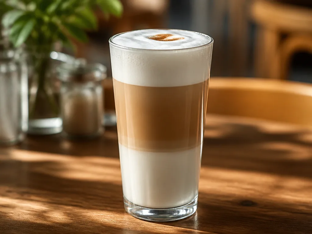 Ett högt glas latte macchiato med tydliga lager av mjölk, skum och espresso på ett träbord