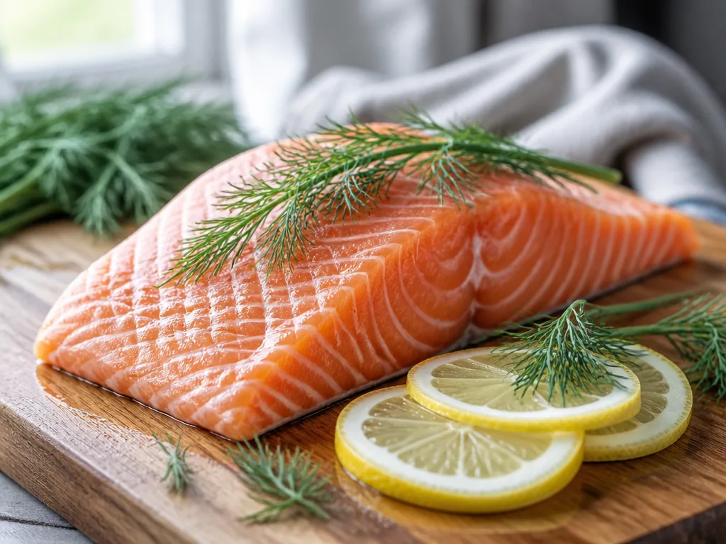 Rå laxfilé med rosa kött på ett träbord med citronskivor och färska örter