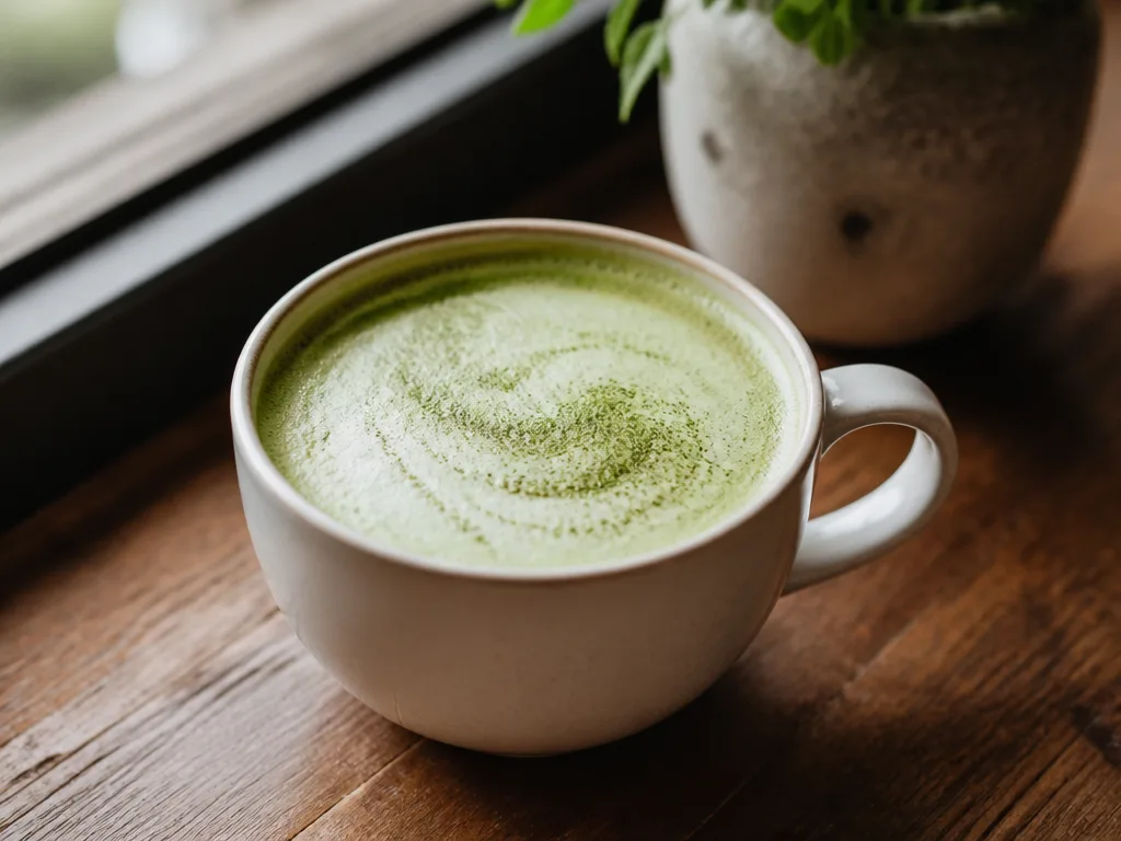 Kopp matcha latte med ljusgrön skummad mjölk på träbord i naturligt ljus
