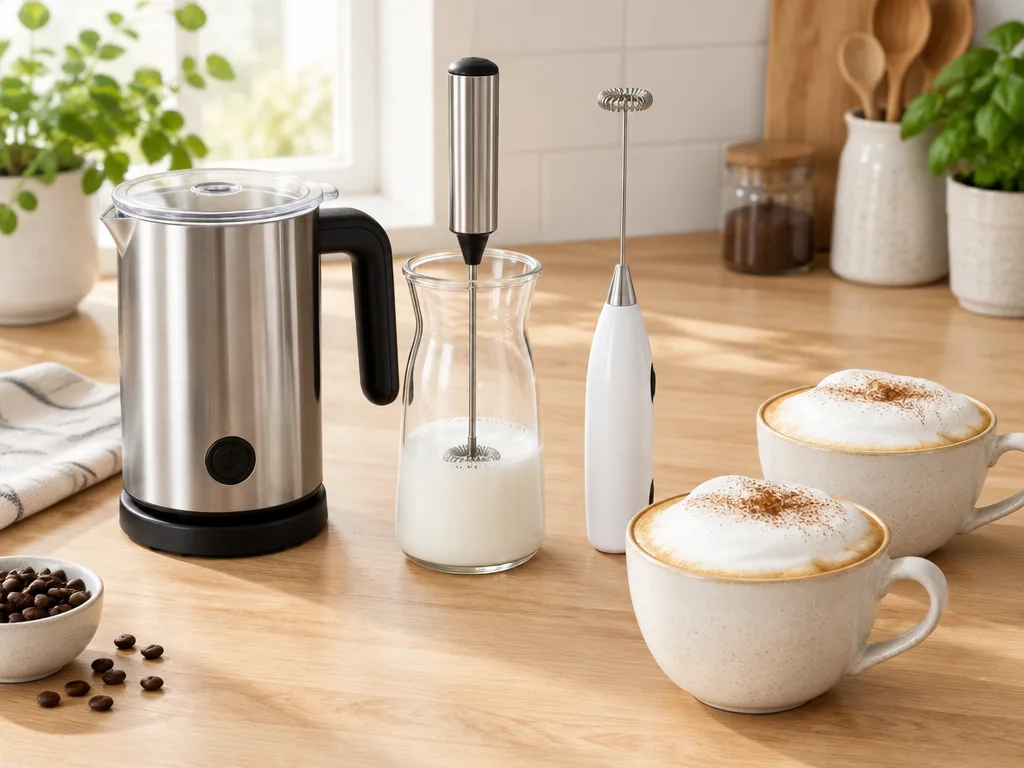 Elektrisk mjölkskummare i rostfritt stål med svart handtag, en glaskaraff med mjölk och stavvisp, en vit batteridriven handvisp och två koppar cappuccino med kanel på tjockt mjölkskum på en köksbänk av trä