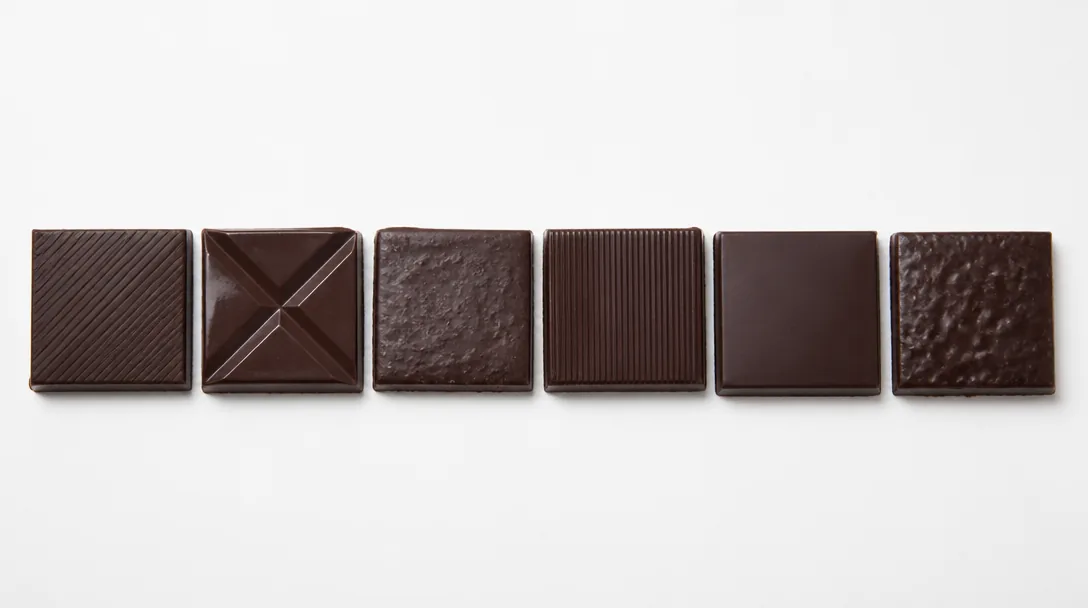 Sex rutor mörk choklad av olika märken i rad på vit yta, framifrån-perspektiv, test-kitchen stil