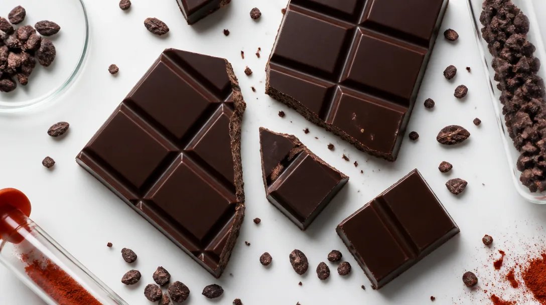 Brutna mörka chokladkakor på vit yta med kakaonibs runtomkring, uppifrån-perspektiv