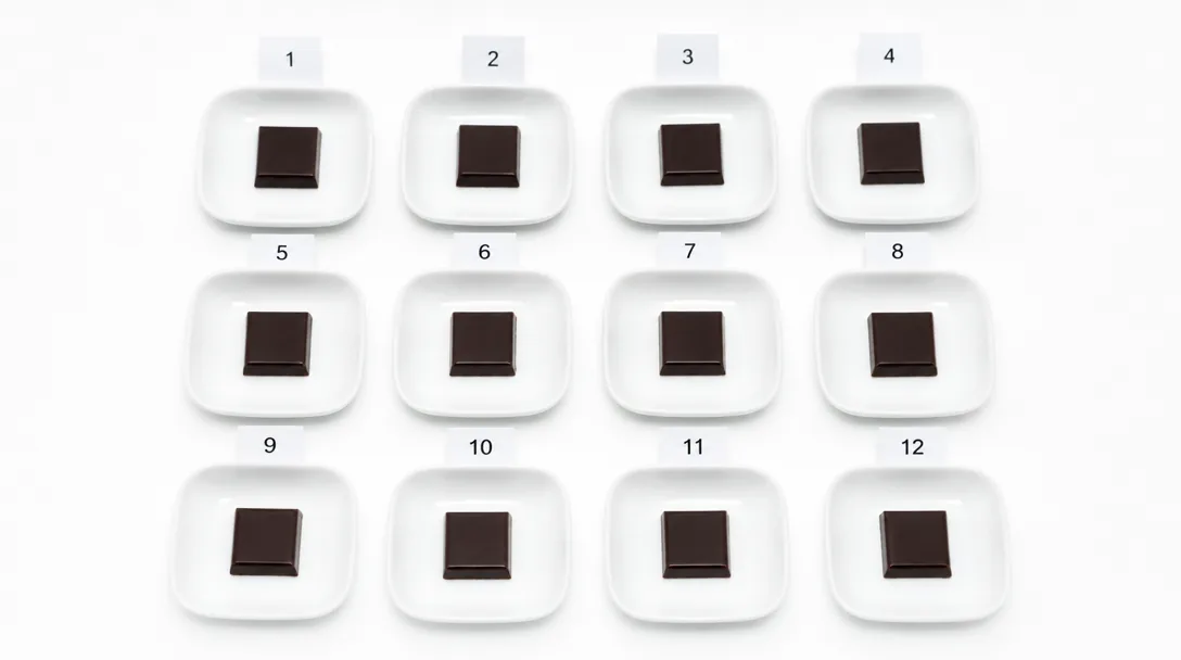Tolv mörka chokladkvadrater i numrerade vita skålar för blindtest