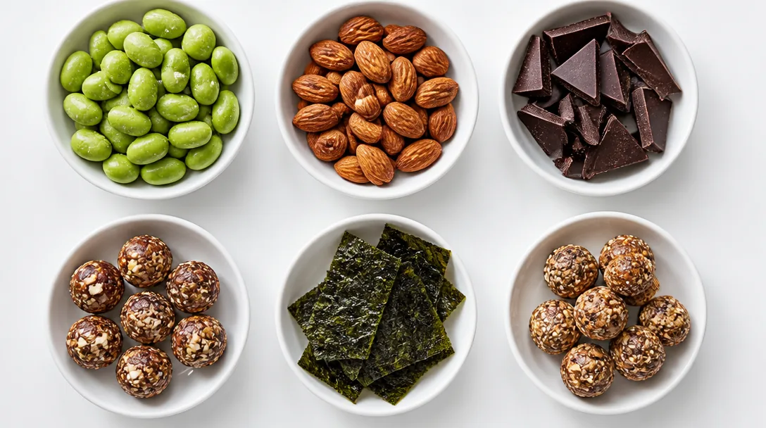 Flat lay med nyttiga snacks: edamamebönor, mandlar, mörk choklad och energibollar i vita skålar på vit yta