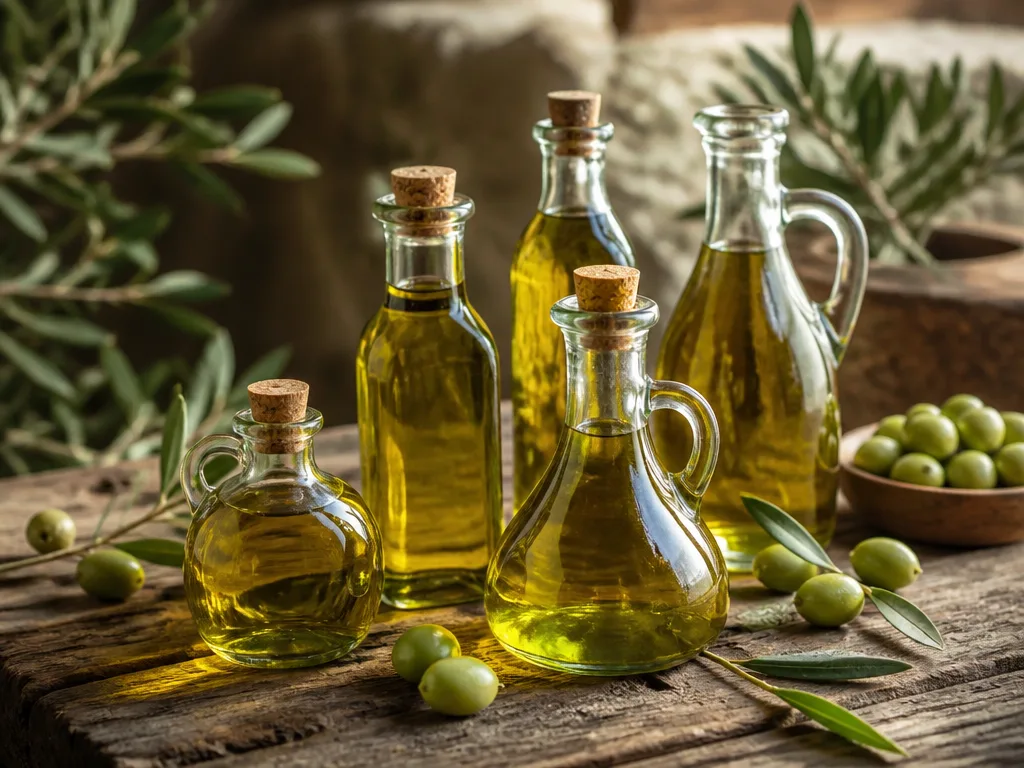 Glasflaskor med extra virgin olivolja uppradade på rustikt träbord i naturligt sidoljus med gröna oliver och blad