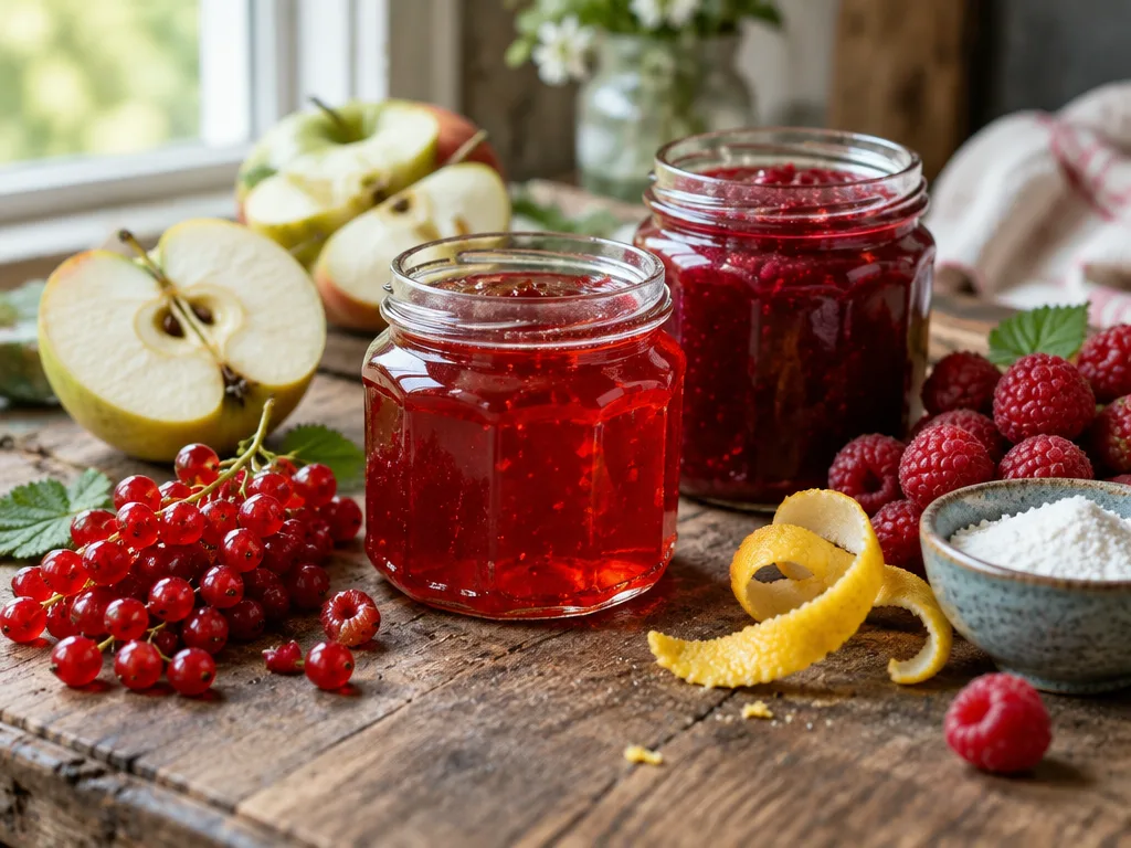 Burkar med rödvinbärsgelé och hallonsylt på ett träbord bredvid halverade äpplen, röda vinbär, citronskal och en skål pektinpulver