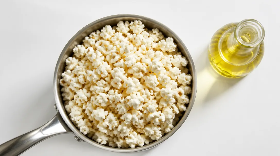 Tjockbottnad kastrull med nypoppad popcorn och flaska rapsolja bredvid, uppifrån-perspektiv